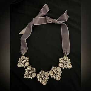 Ann Taylor Elegant Gray Ribbon Necklace with Crystal Accents